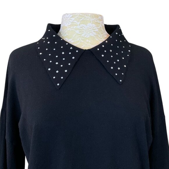LIV Milano Long Balloon Sleeve Black Sweater Rhinestone Embellished Collar XL - Picture 2 of 7